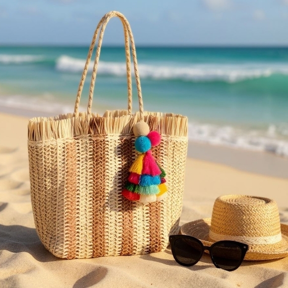 NKULTD Handbags - 🆕️Boho Chic Straw Tote Bag Colorful Tassel Beach Bag Vacay Summer Fringe Woven